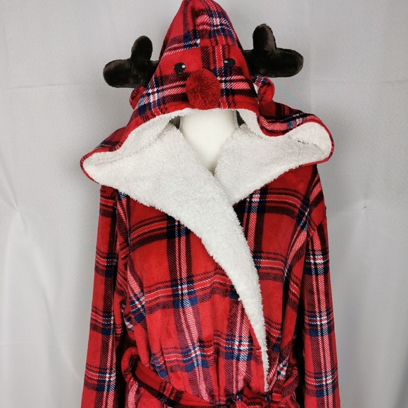 Peaches & Dreams Plaid Fluffy Christmas Reindeer Robe - Picture 1 of 8